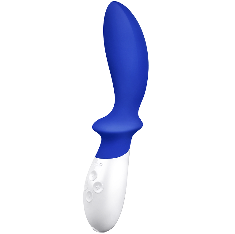 LELO Loki azul y blanco, vista frontal del masajeador prostático con botones visibles