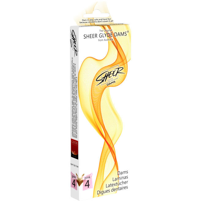 Caja del producto Sheer Glyde Dams con diseño amarillo y naranja y pack de 4.