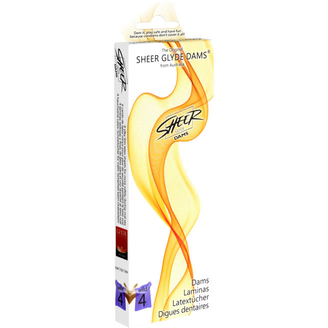 Caja del producto Sheer Glyde Dams con diseño naranja y amarillo, pack de 4.