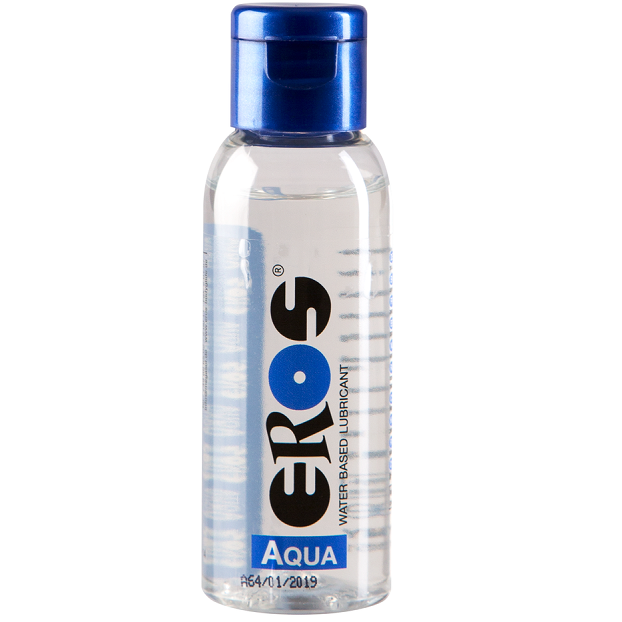 EROS Aqua en botella transparente con tapón azul, vista frontal.
