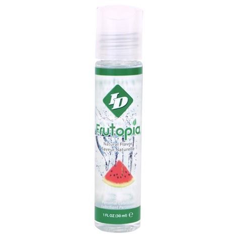 Lubricante ID Frutopia sabor sandía en frasco pequeño, con etiqueta verde y blanca.