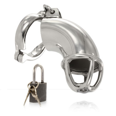 Anillo de castidad Metal Hard de metal plateado, vista frontal con candado debajo.