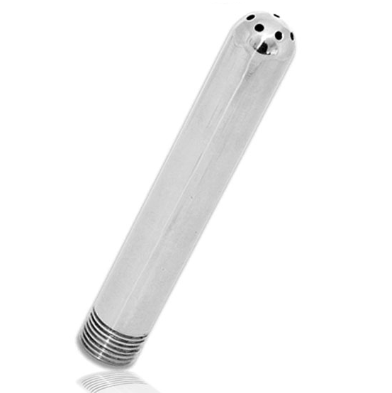 METAL HARD Intimate Douche II en vista frontal, con cuerpo cilíndrico transparente y punta perforada metálica.