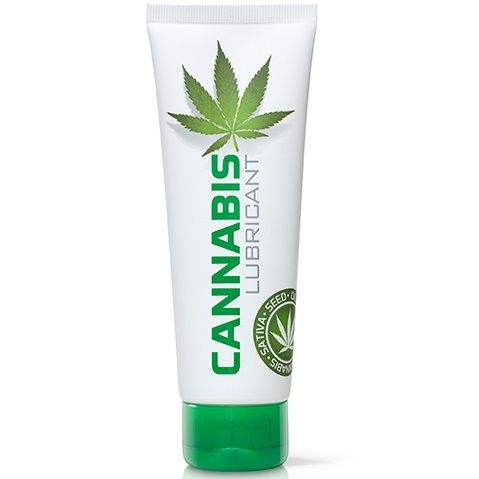 Lubricante íntimo COBECO PHARMA CannabiS en tubo blanco con tapón verde.