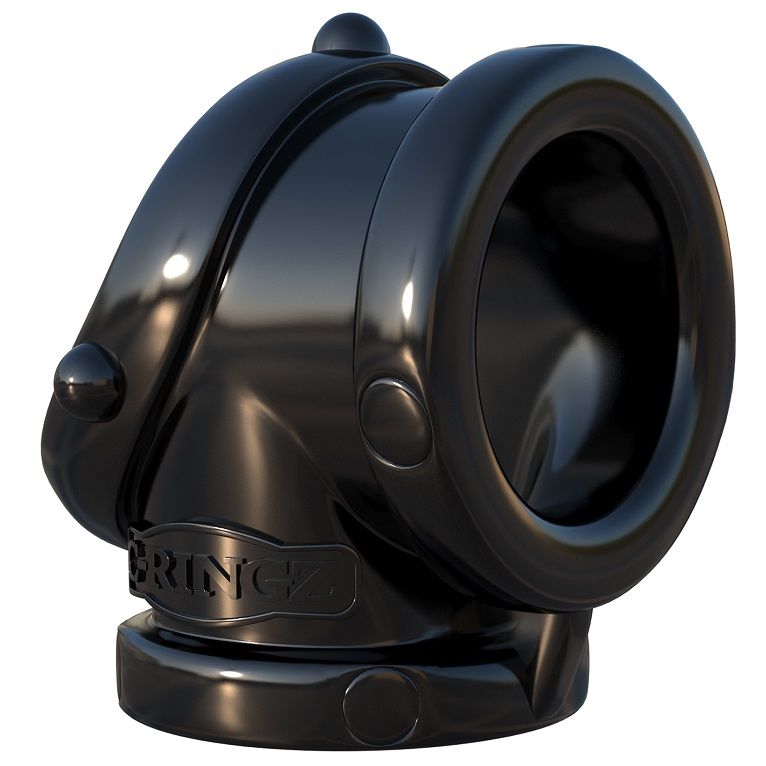 FANTASY C-RINGZ Rock Hard Pipe negro en vista frontal tres cuartos, con abertura circular grande.