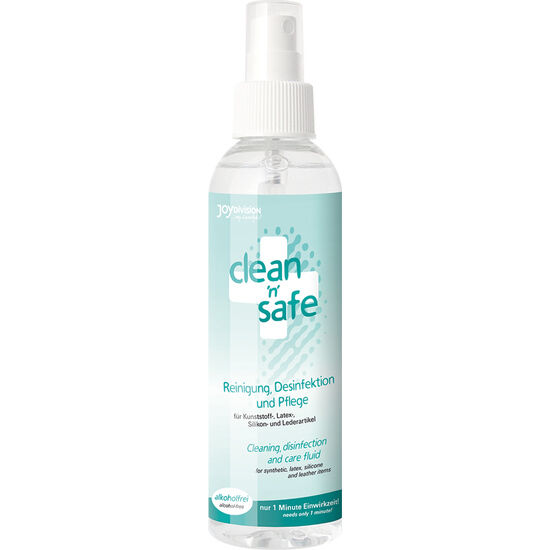 JOYDIVISION Clean Safe, spray limpiador en botella transparente con etiqueta turquesa y vaporizador blanco.