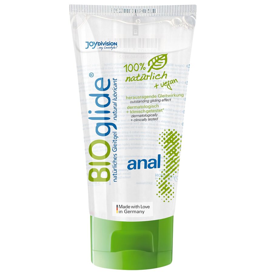 Lubricante anal JOYDIVISION BIOGLIDE en tubo transparente con tapa verde.