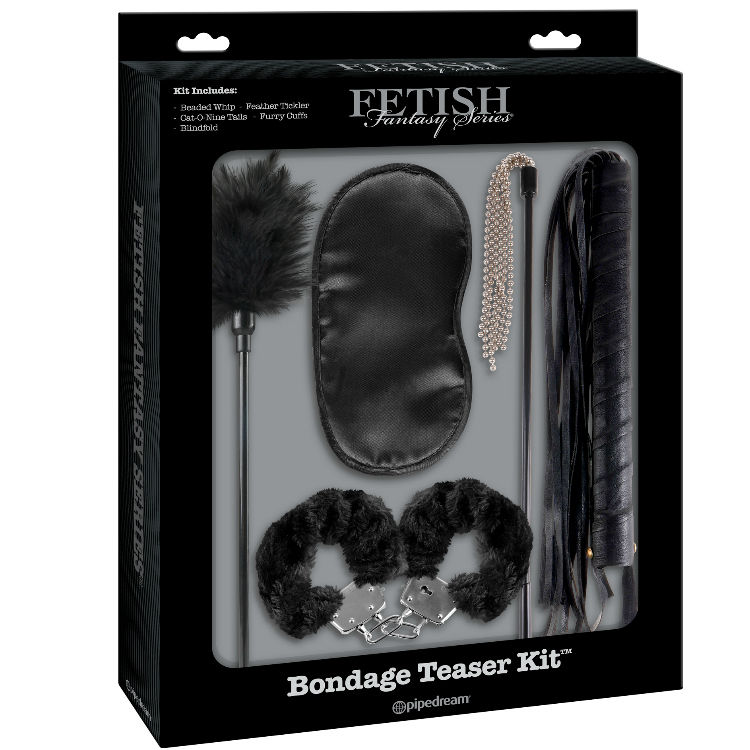 Caja del producto Fetish Fantasy Series con kit bondage negro visible en la ventana.