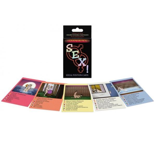 KHEPER GAMES Sexual Adventure con caja del producto y cinco cartas ilustradas desplegadas.