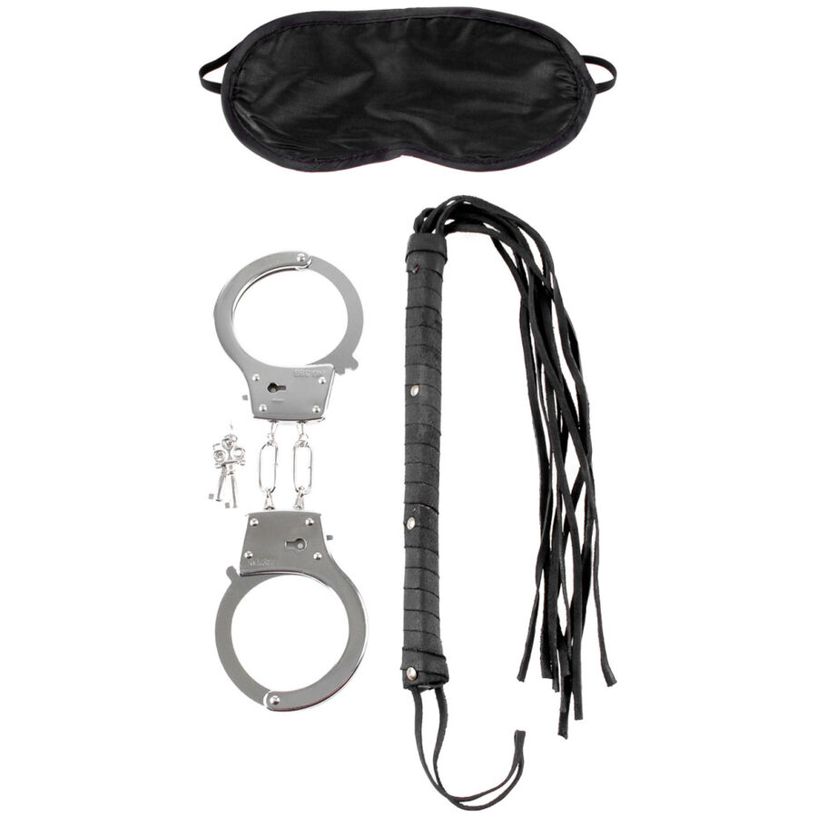 Kit de bondage FETISH FANTASY SERIES con antifaz negro, esposas metálicas y flogger.