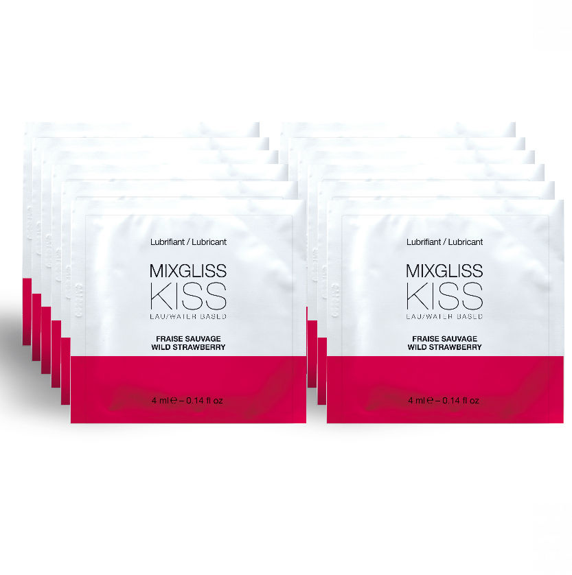 Sobres monodosis de MIXGLISS KISS en blanco y fucsia, sabor fresa.