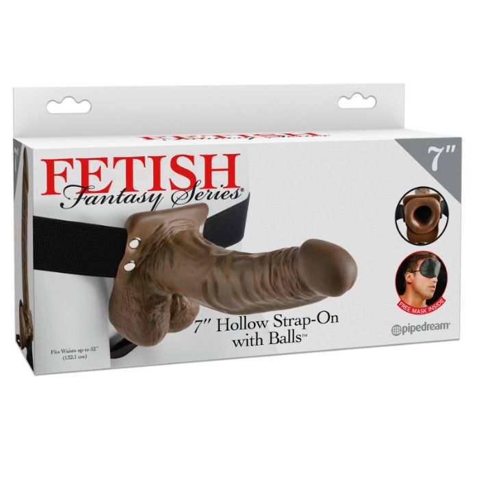 Caja del producto FETISH Fantasy Series con arnés hueco marrón y 7".