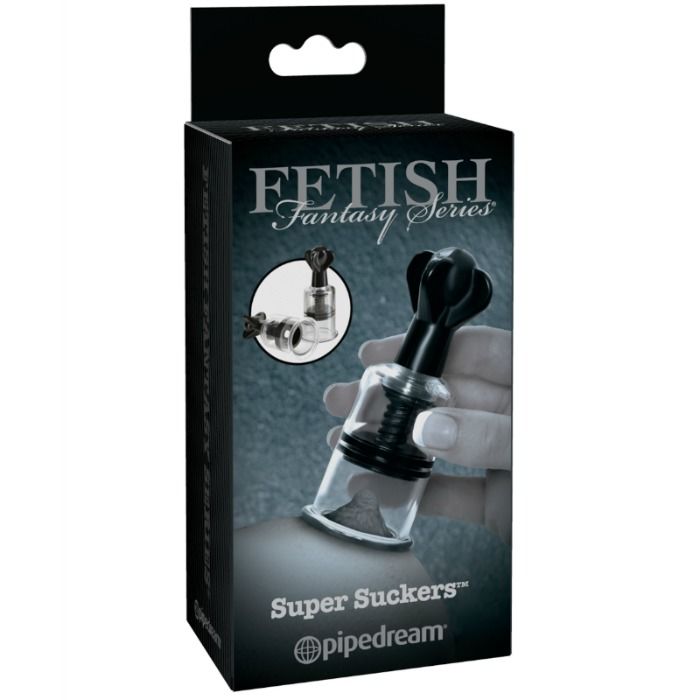 Caja del producto Fetish Fantasy Limited Edition Super Nipple Sucker de Pipedream, con foto de la ventosa negra en el frontal