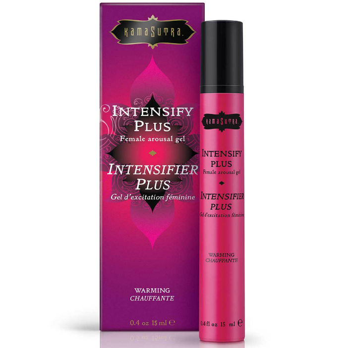 Gel intensificador Kamasutra Cosmetics en frasco rosa con caja del producto.