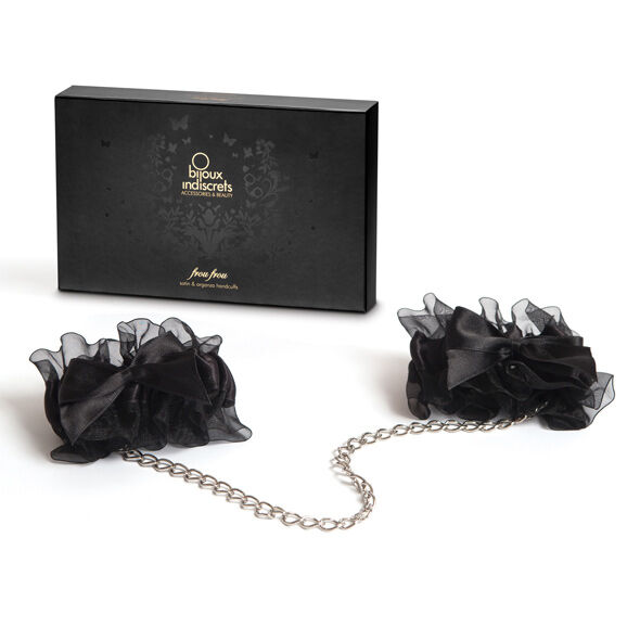 Esposas de organza y satén Bijoux Indiscrets Frou Frou con caja del producto negra.