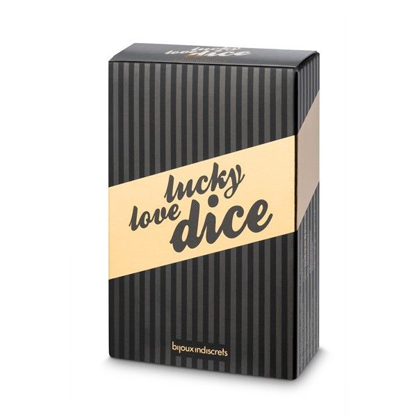 Caja del producto BIJOUX PETITS BONBONS Lucky Love Dice, negra con franja beige diagonal.
