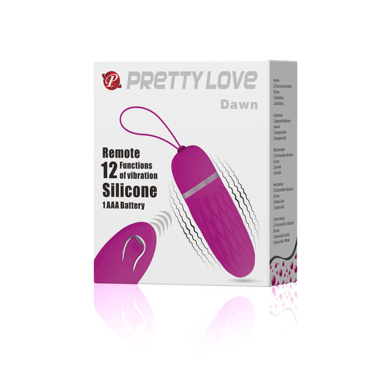 Caja del producto Pretty Love Flirtation Dawn con vibrador tipo huevo rosa y mando a distancia.
