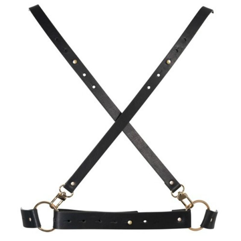 Arnés corporal Bijoux Maze X negro con tiras cruzadas y anillas metálicas.