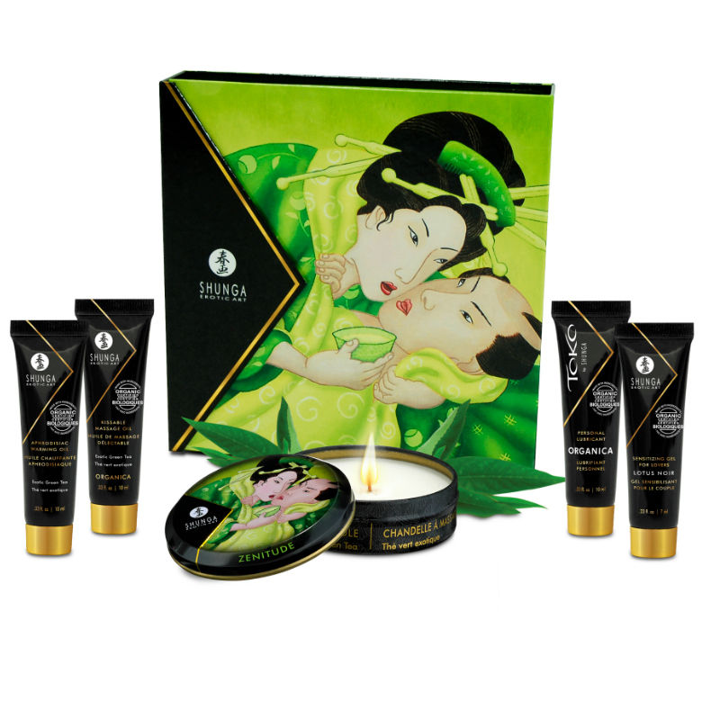 Kit Shunga Secret Geisha con caja ilustrada verde, vela de masaje y cuatro tubos.