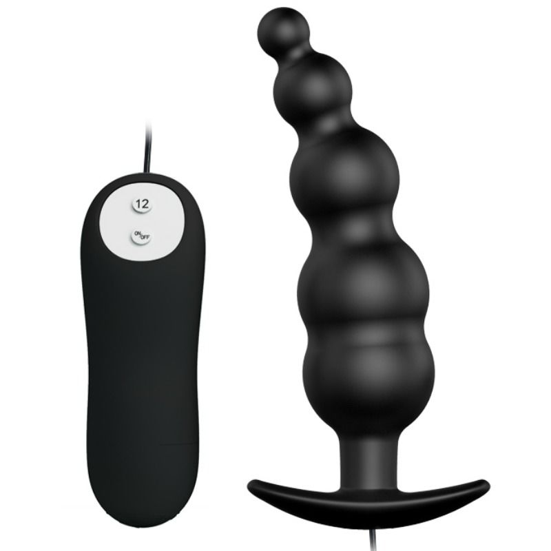 Tapón anal negro de Pretty Love con mando, vista frontal del tapón estriado y el control.