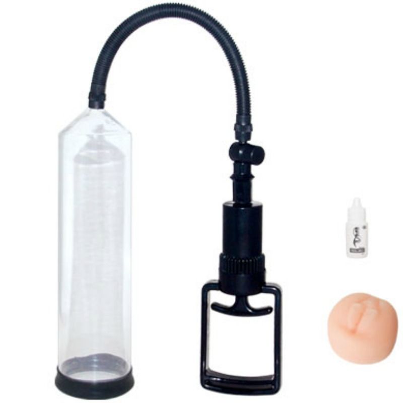 BAILE FOR HIM bomba de vacío para pene con cilindro transparente y bomba negra, con accesorio de boquilla en tono piel.