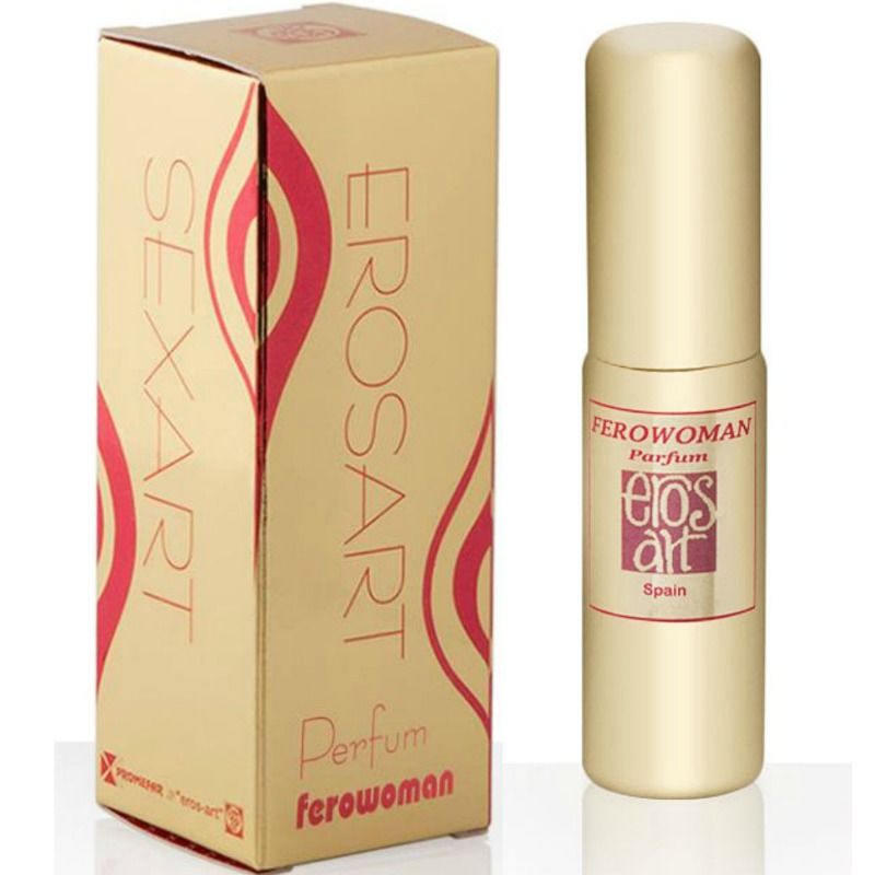 Eros-Art Ferowoman: perfume femenino en frasco dorado con su caja del producto.