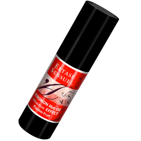 EXTASE SENSUAL, aceite de masaje en frasco negro con etiqueta roja, vista frontal inclinada