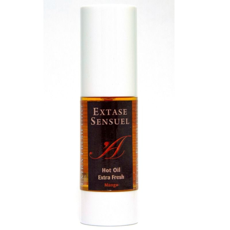 Extase Sensuel Aceite Estimulante Mango en frasco blanco con líquido ámbar.
