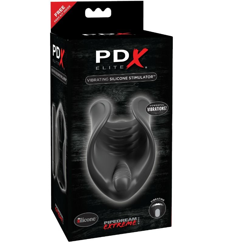 Caja del producto PDX Elite con ilustración del estimulador vibrador para pene en negro.