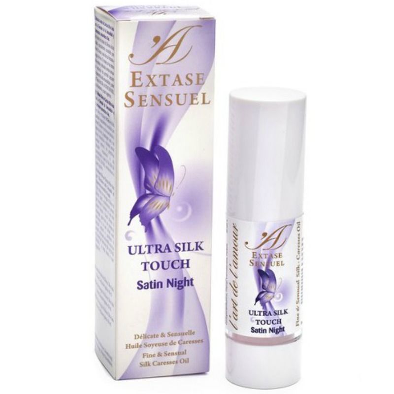 Caja y frasco de Extase Sensuel Ultra Silk Touch Satin Night en blanco y morado.