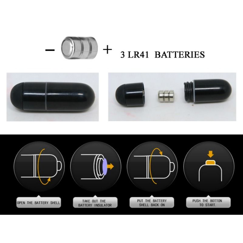 Detalle del funda realística Baile For Him en negro con compartimento de pilas y esquema de uso.