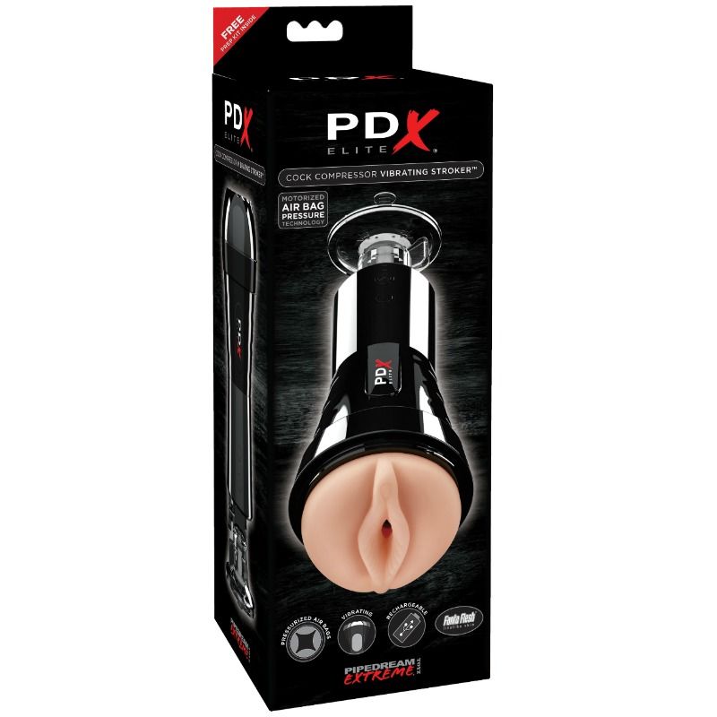 Caja del producto PDX ELITE con masturbador negro y abertura color piel.