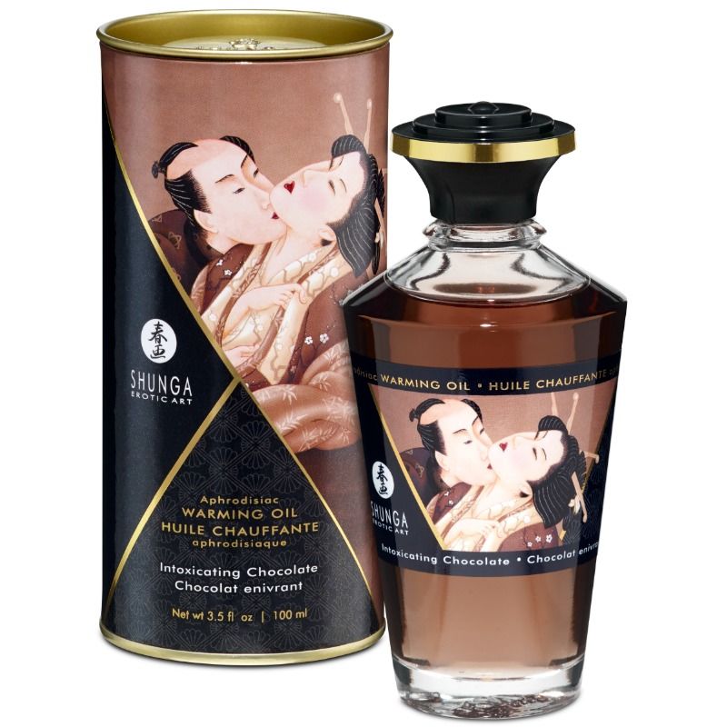 Aceite de masaje Chocolate Intenso de SHUNGA OILS con botella de cristal y lata decorativa.