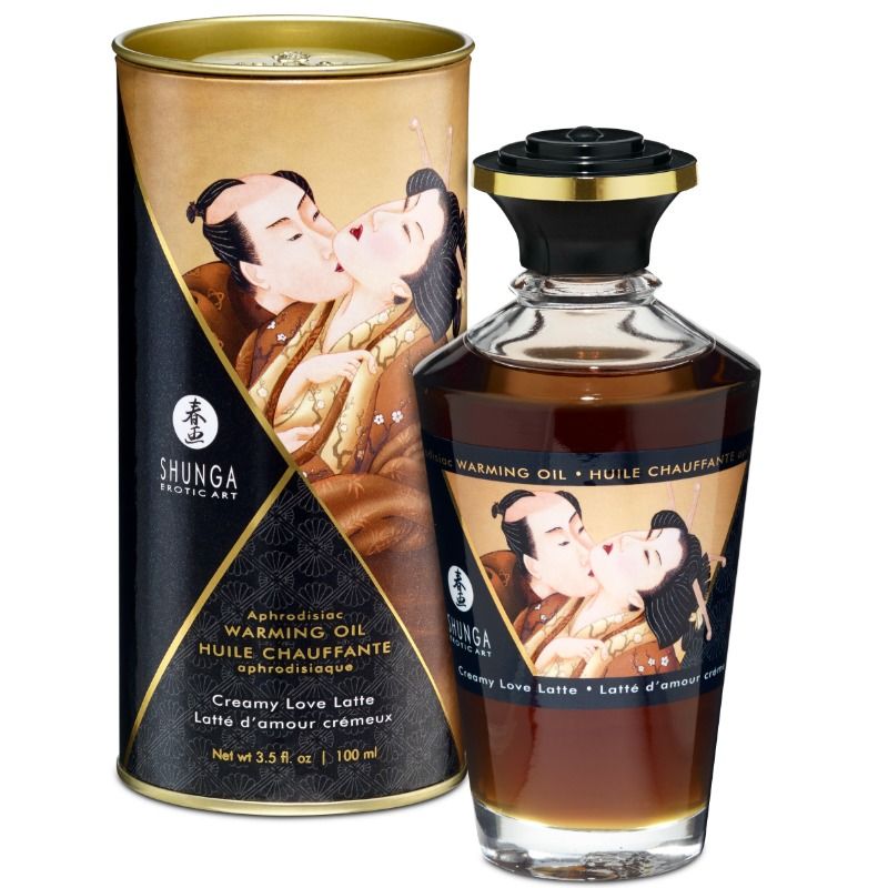 Aceite de masaje Shunga Oils «Creamy Love Latte» junto a su caja metálica.