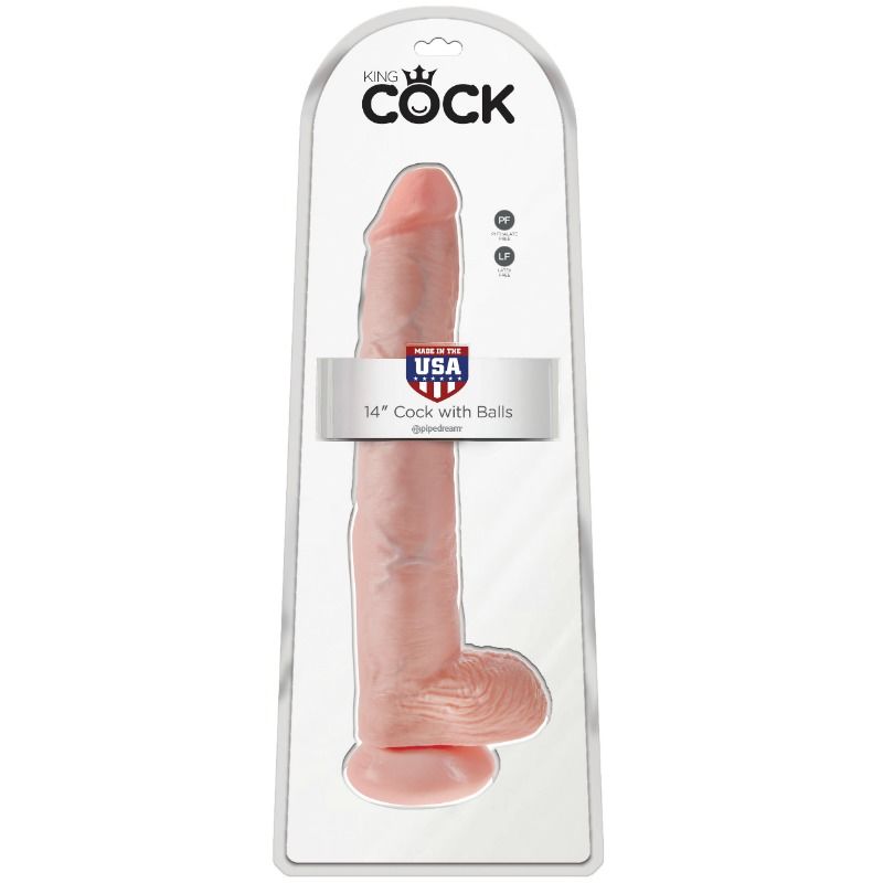 KING COCK en caja, con dildo natural y testículos visibles.
