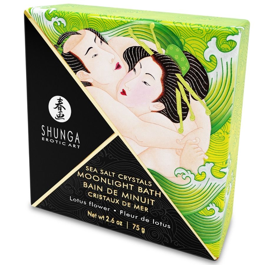 Caja del producto SHUNGA BATH EXPERIENCE con ilustración de pareja y diseño verde y negro.