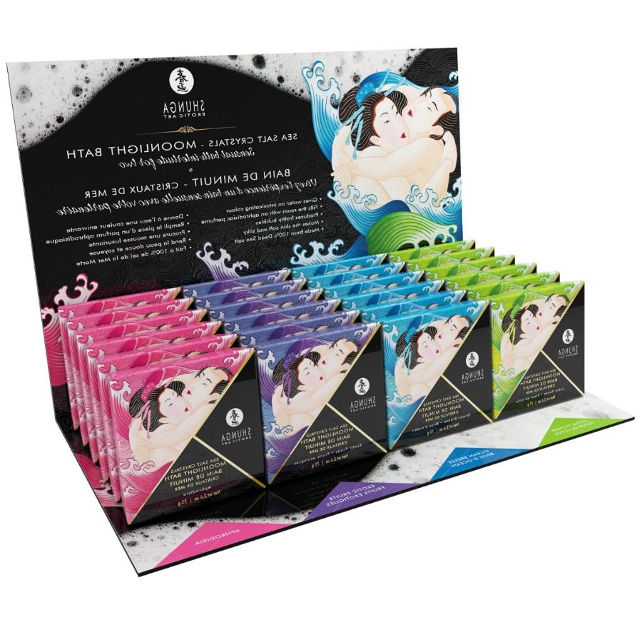Expositor de sales de baño Shunga Bath Experience con cajas en varios colores.