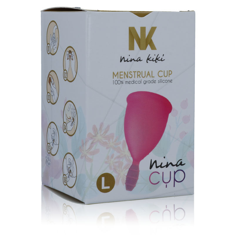 Caja del producto NINA KIKÍ NinaCup, con copa menstrual rosa y talla L.