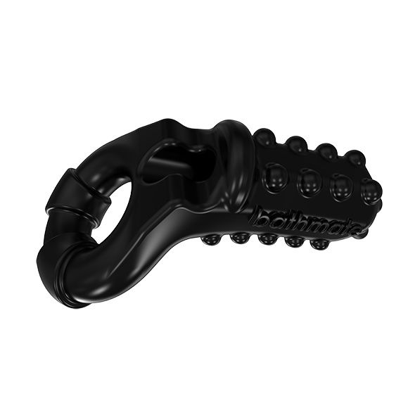 Anillo vibrador Bathmate negro con textura de relieve, vista frontal inclinada.