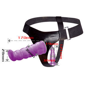 Arnés BAILE negro con doble dildo morado y medidas visibles.