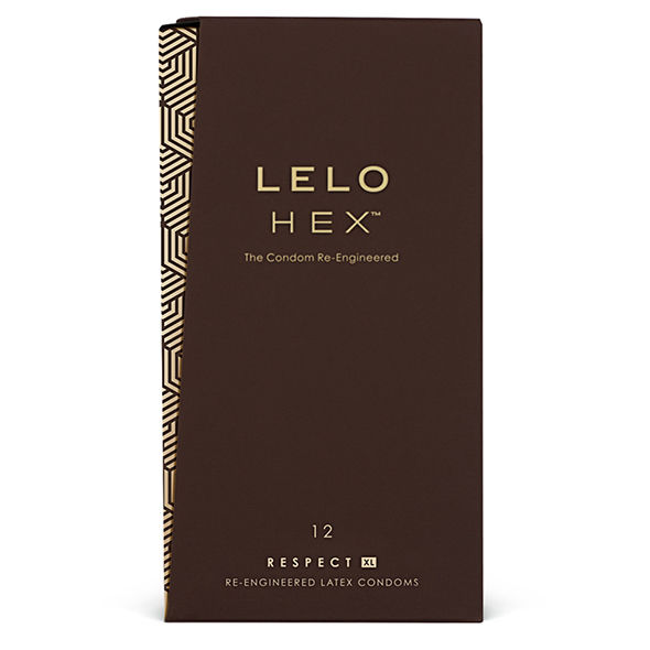 Caja del producto LELO HEX Respect XL en marrón oscuro, con patrón geométrico lateral.