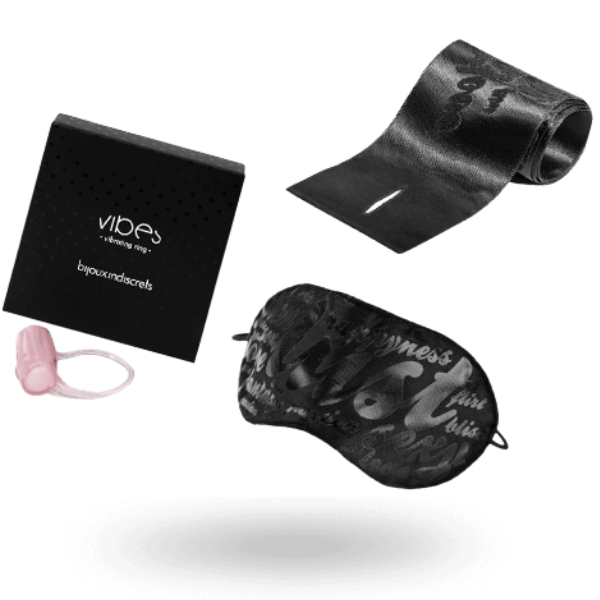 Kit Bijoux Indiscrets Instruments of Pleasure Red Level con caja, banda negra y anillo rosa.