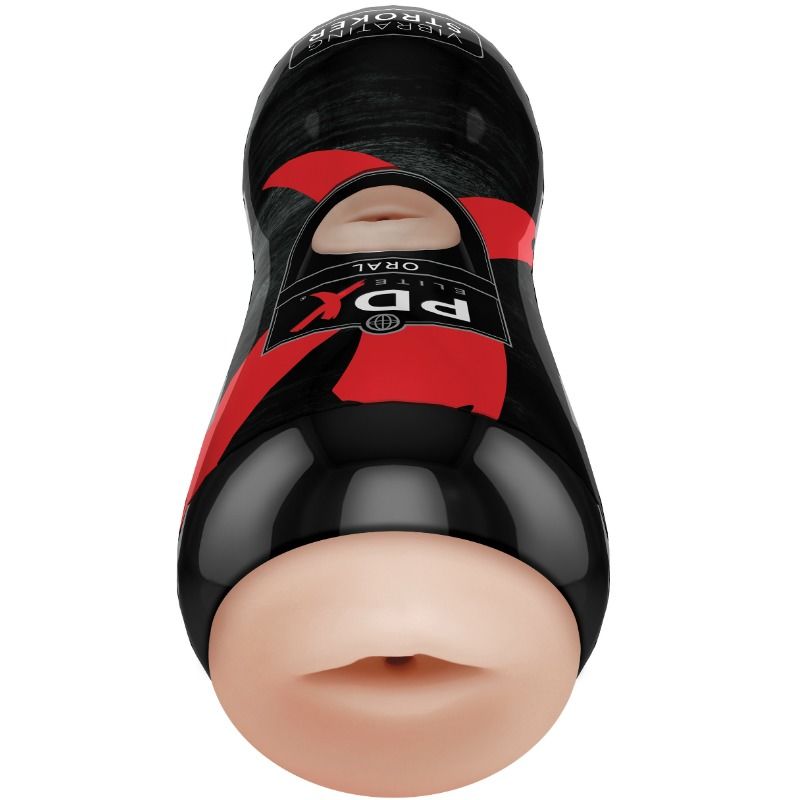 PDX Elite masturbador de boca negro y rojo, vista frontal con abertura visible.