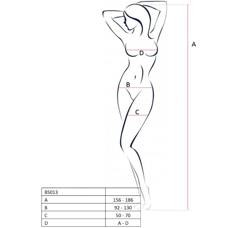 Guía de tallas del bodystocking Passion Woman BS013 con esquema corporal y medidas A, B, C y D.