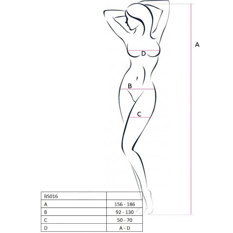 Guía de tallas del bodystocking Passion Woman BS016 con silueta femenina y medidas A, B, C y D.