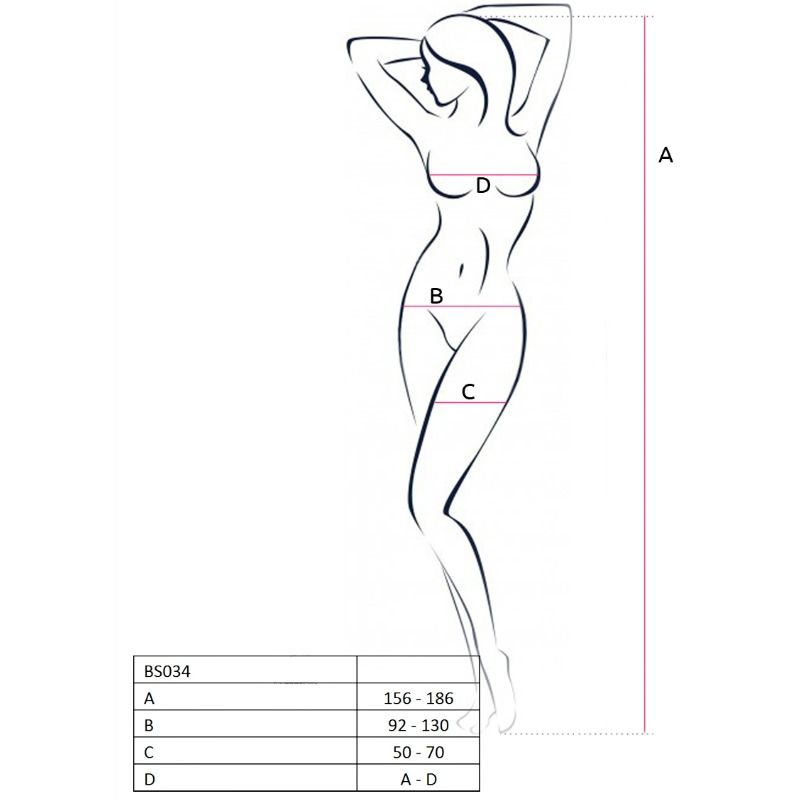 Guía de tallas del Passion Woman BS034 con silueta femenina y medidas A, B, C y D.