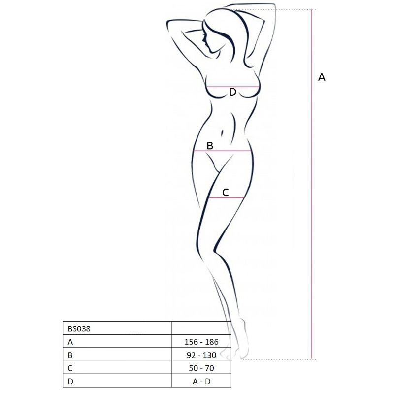 Guía de tallas del Passion Woman BS038 con silueta femenina y medidas A, B, C y D.