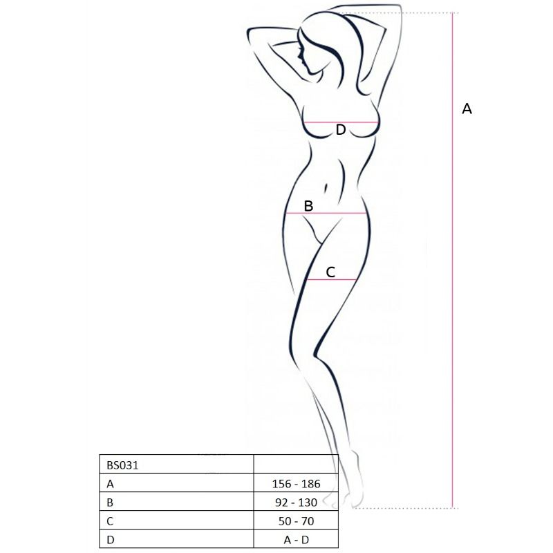 Guía de tallas del bodystocking Passion Woman BS031 con esquema corporal y medidas A, B, C y D.