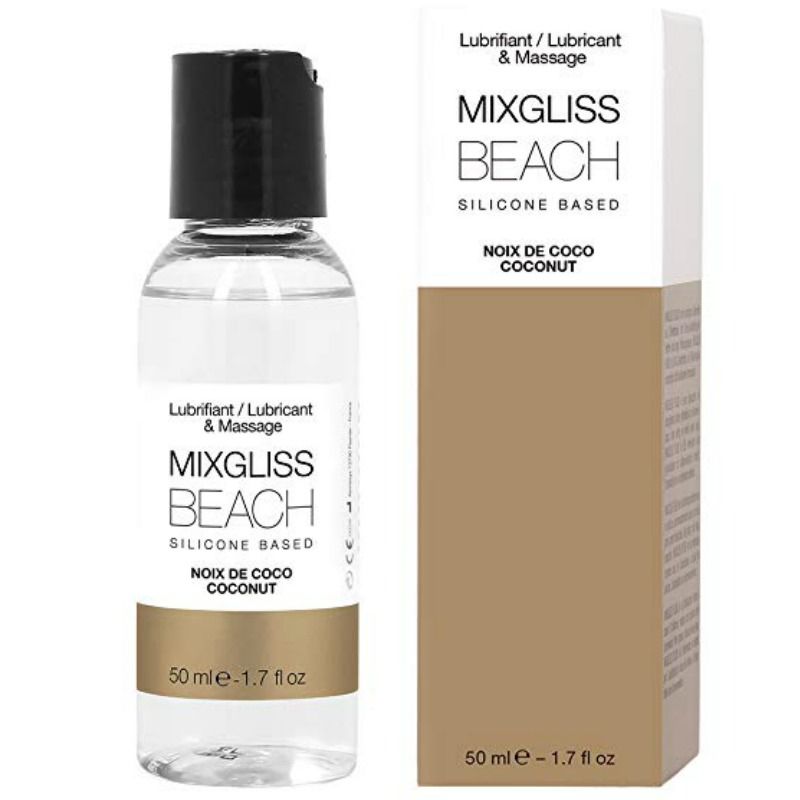 MIXGLISS Beach lubricante de silicona con sabor coco, con su caja del producto.