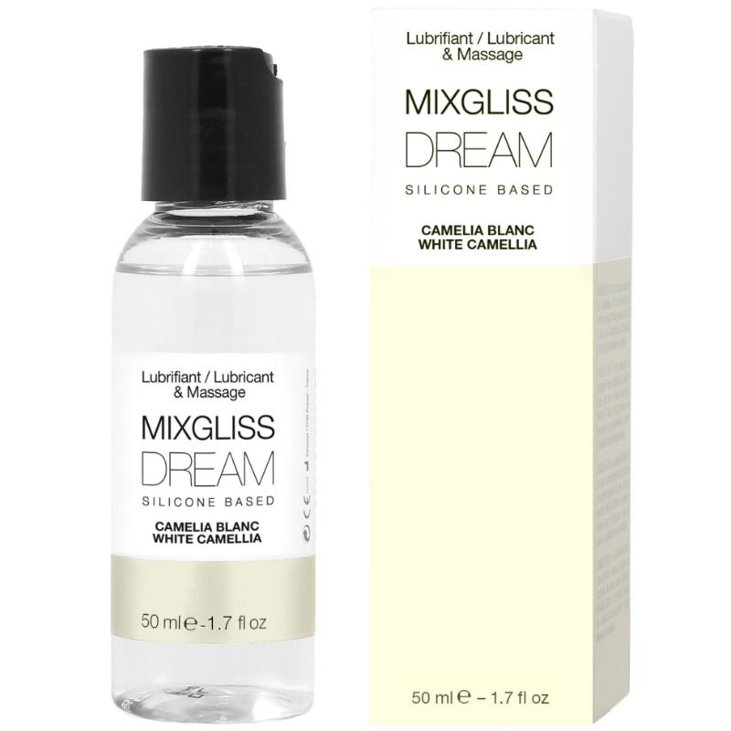 MIXGLISS Dream lubricante de silicona White Camelia, con frasco y caja del producto.